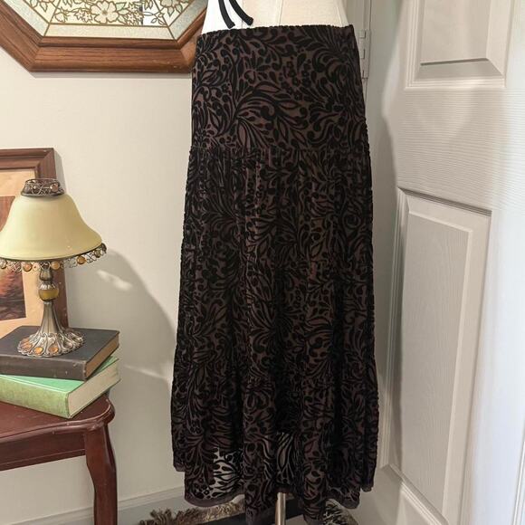 Vocabulary Brown & Black Whimsy Velvet Burnout Tiered Silk Blend Midi Skirt 6/S - Picture 1 of 7